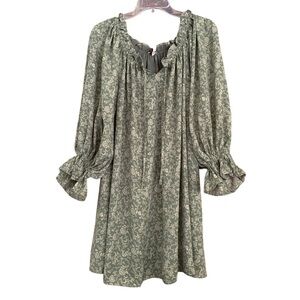 Dress Forum Olive Green Floral Cottagecore Bishop Sleeve Swing Dress Sz S